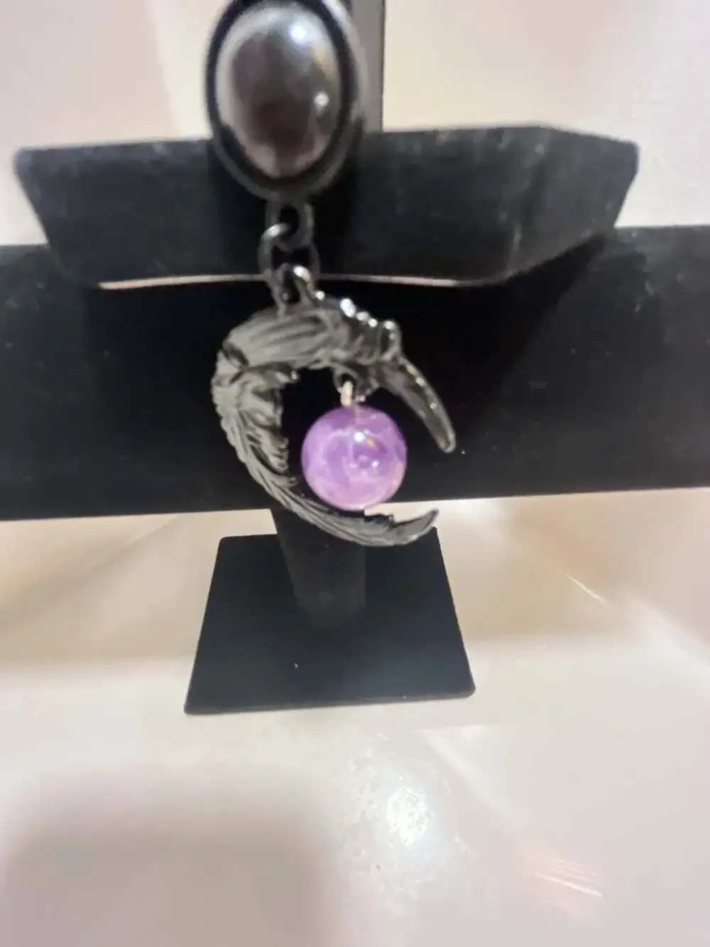 Gothic Black Crescent Moon Pendant Necklace with Purple Bead